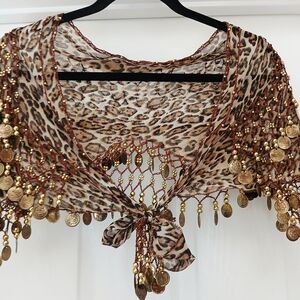 Leopard Print Scarf with Gold Coin Accents